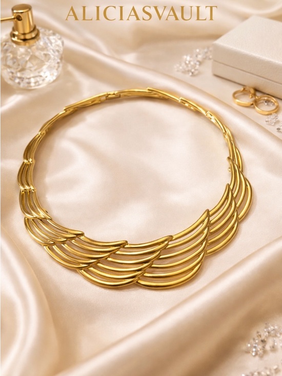 Napier Jewelry - Napier Goldtone Structural Collar Necklace Statement Ribbed Bib Vintage 90s